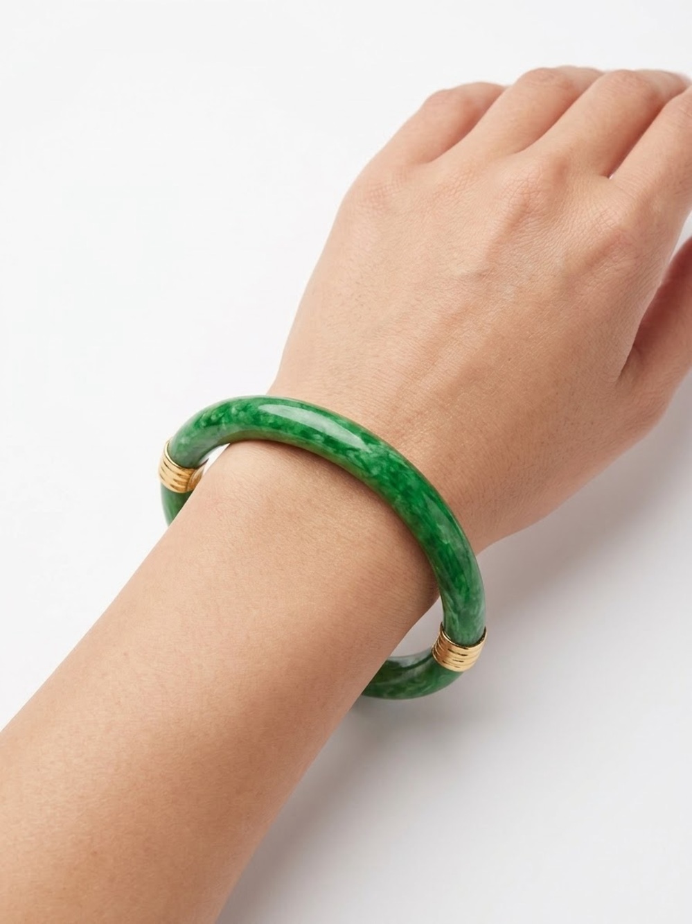 Vintage Trafari Green Jade-Effect Bangle Bracelet with Gold Accents